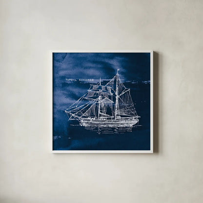 Sailing Ships V Indigo by Wild Apple Portfolio. Shown in a crisp white glass frame for a clean and minimalist style. Available as an archival giclee rolled canvas, fine art paper, or poster print. SKU 32102a.