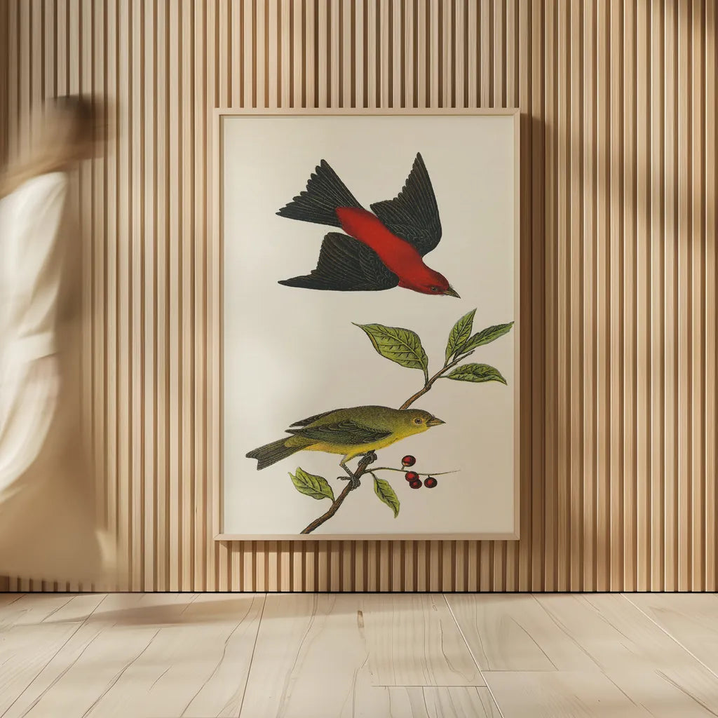 Scarlet Tanager Bright by Wild Apple Portfolio. shown as over sized large wall art. Available as an archival giclee rolled canvas, fine art paper, or poster print. SKU 76125h.