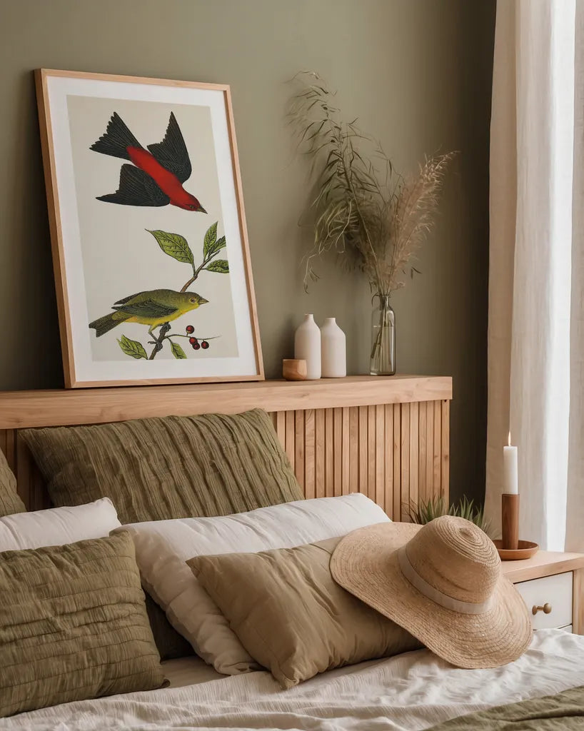 Scarlet Tanager Bright by Wild Apple Portfolio. shown as a paper print in a natural frame. Available as a archival giclee rolled canvas, fine art paper, or poster print. SKU 76125h.