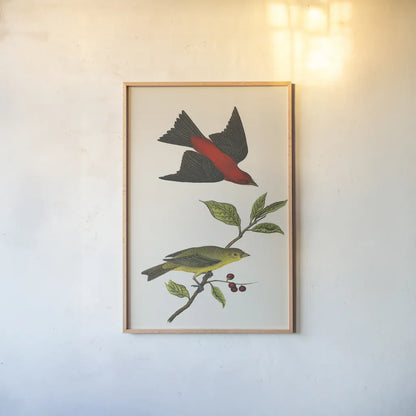 Scarlet Tanager Bright by Wild Apple Portfolio. shown as a paper print in a natural frame. Available as a archival giclee rolled canvas, fine art paper, or poster print. SKU 76125h.
