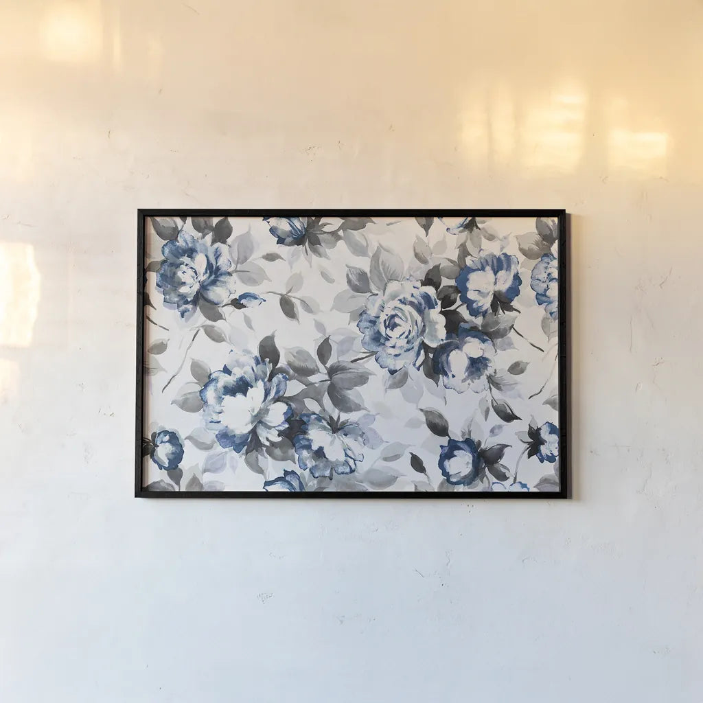 Scent of Roses Indigo by Wild Apple Portfolio. shown as a paper print in a black flame. Available as a archival giclee rolled canvas, fine art paper, or poster print. SKU 21956i.