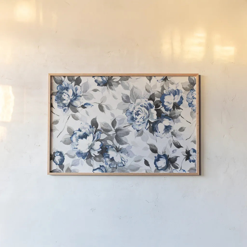 Scent of Roses Indigo by Wild Apple Portfolio. shown as a paper print in a natural frame. Available as a archival giclee rolled canvas, fine art paper, or poster print. SKU 21956i.