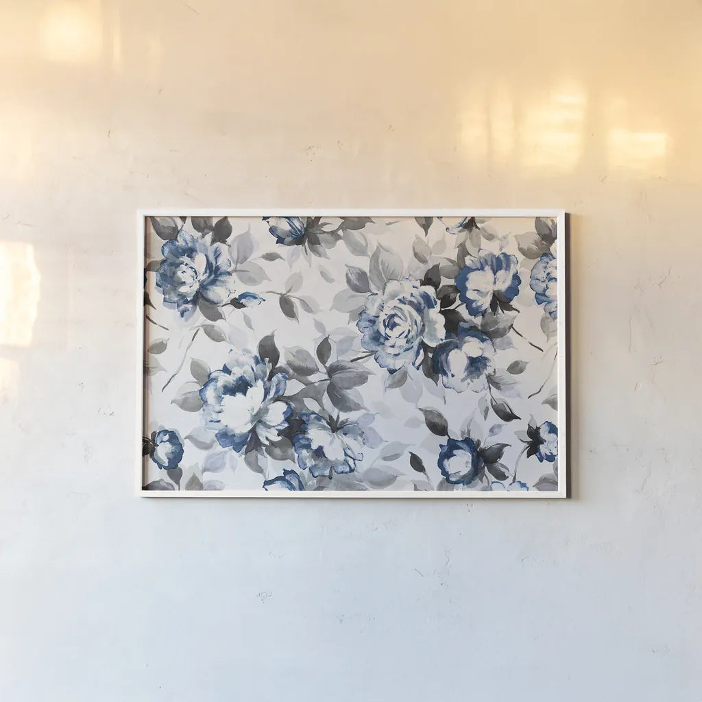 Scent of Roses Indigo by Wild Apple Portfolio. shown as a paper print in a white frame. Available as a archival giclee rolled canvas, fine art paper, or poster print. SKU 21956i.