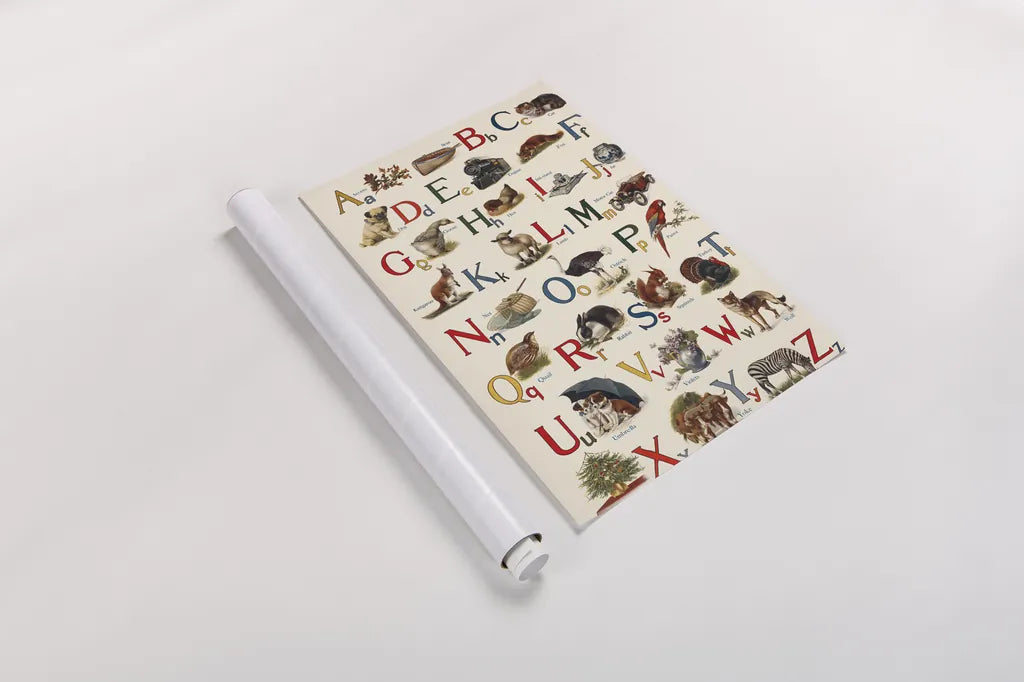 Schoolhouse Alphabet by Wild Apple Portfolio. shown as a rolled paper print. Available as archival giclee rolled canvas, fine art paper, or poster print. SKU 71606h.