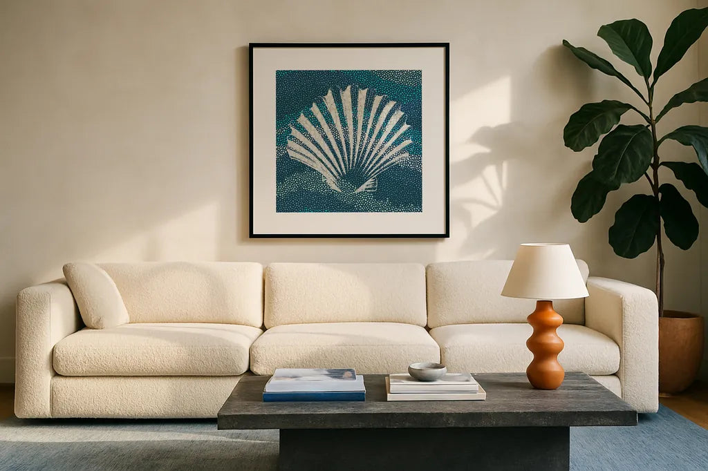 Sea Glass I by Wild Apple Portfolio. Displayed in a glass frame with matte in a clean modern living room. Available as an archival giclee rolled canvas, fine art paper, or poster print. SKU 15757a.