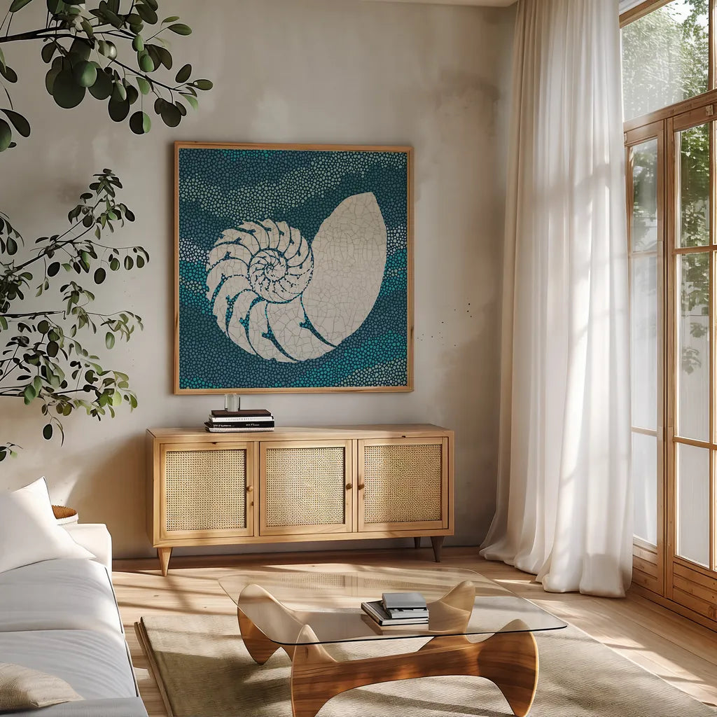 Sea Glass III by Wild Apple Portfolio. Shown in a natural wood frame in a cozy modern living room. Available as an archival giclee rolled canvas, fine art paper, or poster print. SKU 15758a.