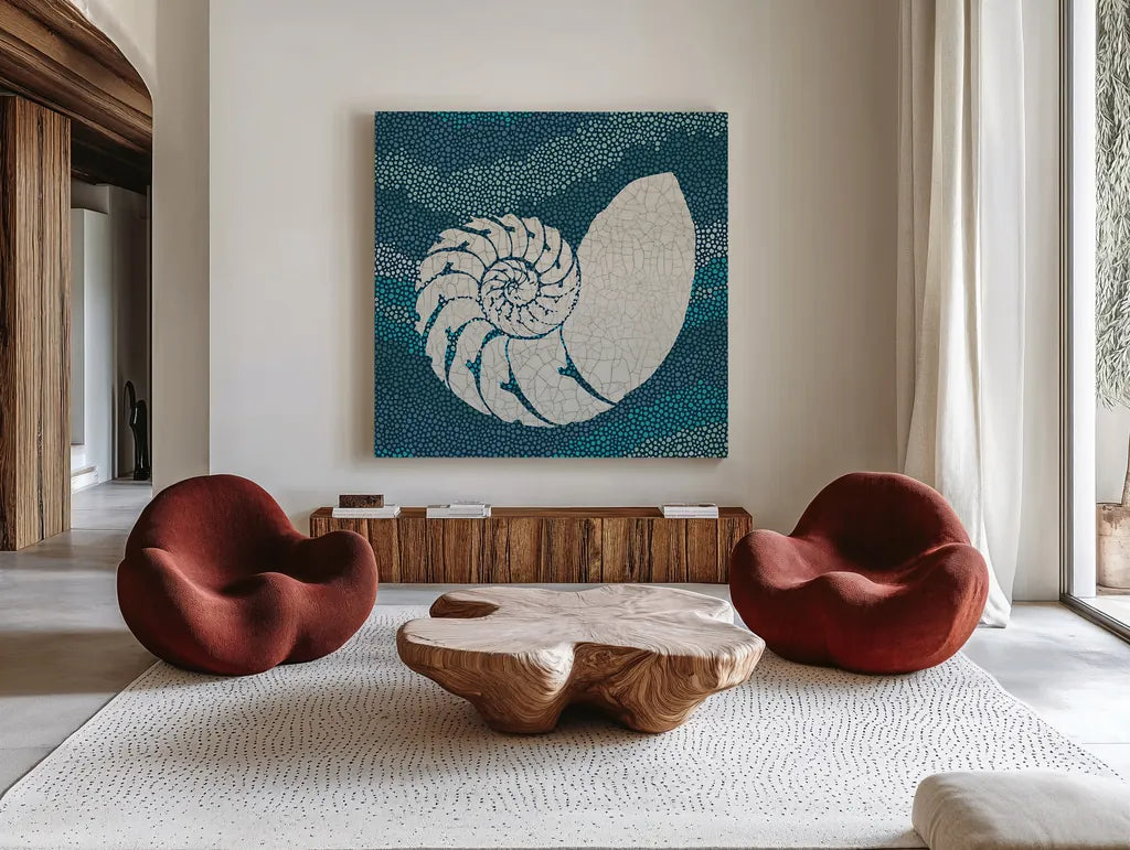 Sea Glass III by Wild Apple Portfolio. Shown as extra-large giant wall art in a modern living room. Available as an archival giclee rolled canvas, fine art paper, or poster print. SKU 15758a.