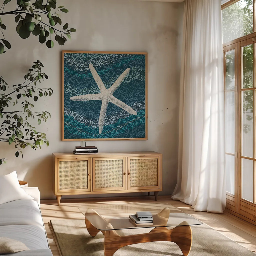 Sea Glass IV by Wild Apple Portfolio. Shown in a natural wood frame in a cozy modern living room. Available as an archival giclee rolled canvas, fine art paper, or poster print. SKU 15759a.