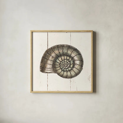 Shell Sketches I Shiplap by Wild Apple Portfolio. Shown in a natural wood glass frame for a timeless modern aesthetic. Available as an archival giclee rolled canvas, fine art paper, or poster print. SKU 36265a.