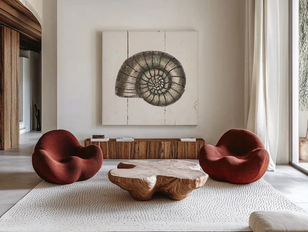 Shell Sketches I Shiplap by Wild Apple Portfolio. Shown as extra-large giant wall art in a modern living room. Available as an archival giclee rolled canvas, fine art paper, or poster print. SKU 36265a.