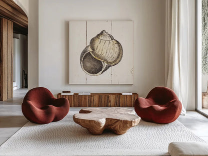 Shell Sketches II Shiplap by Wild Apple Portfolio. Shown as extra-large giant wall art in a modern living room. Available as an archival giclee rolled canvas, fine art paper, or poster print. SKU 36266a.
