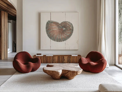 Shell Sketches III Shiplap by Wild Apple Portfolio. Shown as extra-large giant wall art in a modern living room. Available as an archival giclee rolled canvas, fine art paper, or poster print. SKU 36267a.
