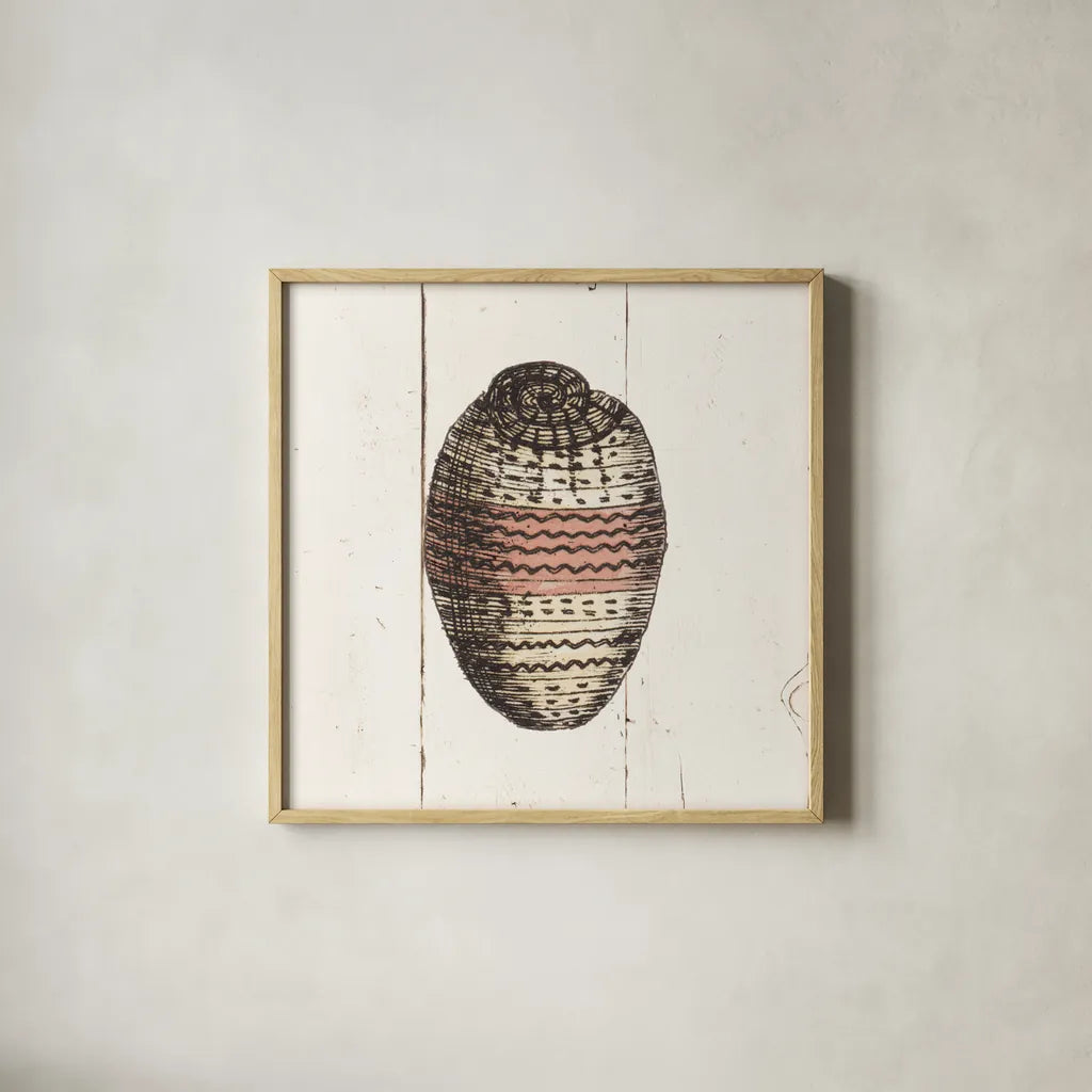 Shell Sketches IV Shiplap by Wild Apple Portfolio. Shown in a natural wood glass frame for a timeless modern aesthetic. Available as an archival giclee rolled canvas, fine art paper, or poster print. SKU 36268a.