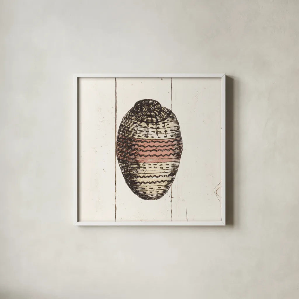 Shell Sketches IV Shiplap by Wild Apple Portfolio. Shown in a crisp white glass frame for a clean and minimalist style. Available as an archival giclee rolled canvas, fine art paper, or poster print. SKU 36268a.