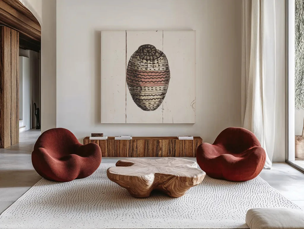 Shell Sketches IV Shiplap by Wild Apple Portfolio. Shown as extra-large giant wall art in a modern living room. Available as an archival giclee rolled canvas, fine art paper, or poster print. SKU 36268a.