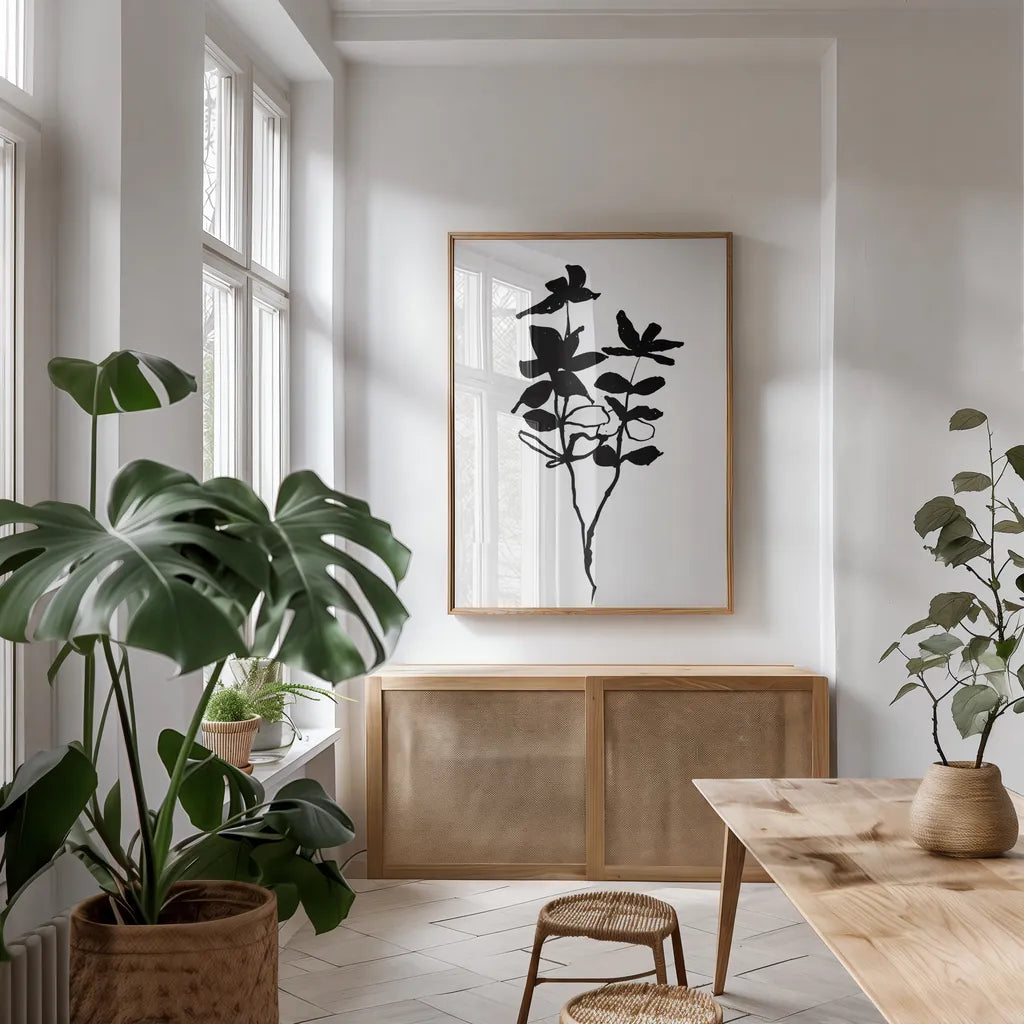 Silhouette Floral I by Wild Apple Portfolio. shown as a print in a natural wood frame in a dining room. Available as a archival giclee rolled canvas, fine art paper, or poster print. SKU 71331h.
