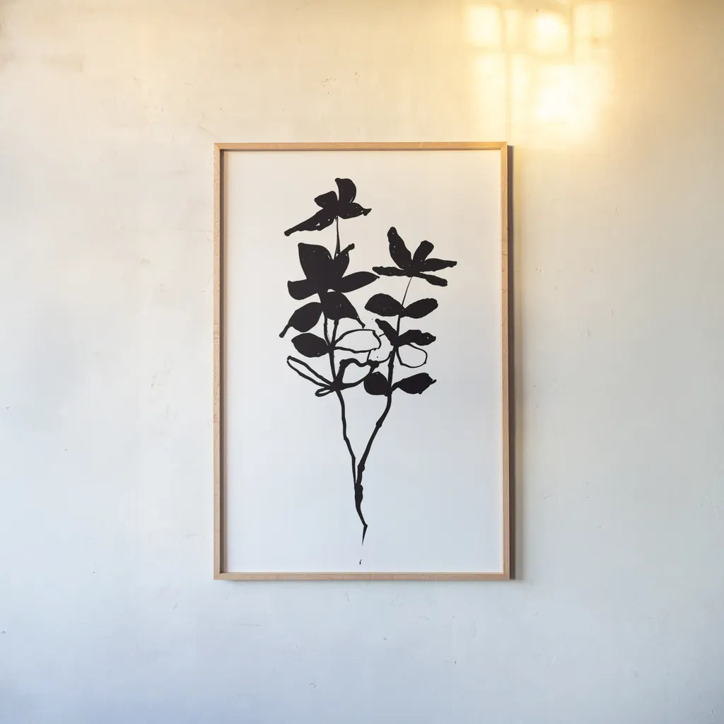 Silhouette Floral I by Wild Apple Portfolio. shown as a paper print in a natural frame. Available as a archival giclee rolled canvas, fine art paper, or poster print. SKU 71331h.