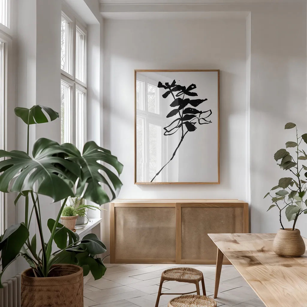 Silhouette Floral II by Wild Apple Portfolio. shown as a print in a natural wood frame in a dining room. Available as a archival giclee rolled canvas, fine art paper, or poster print. SKU 71332h.