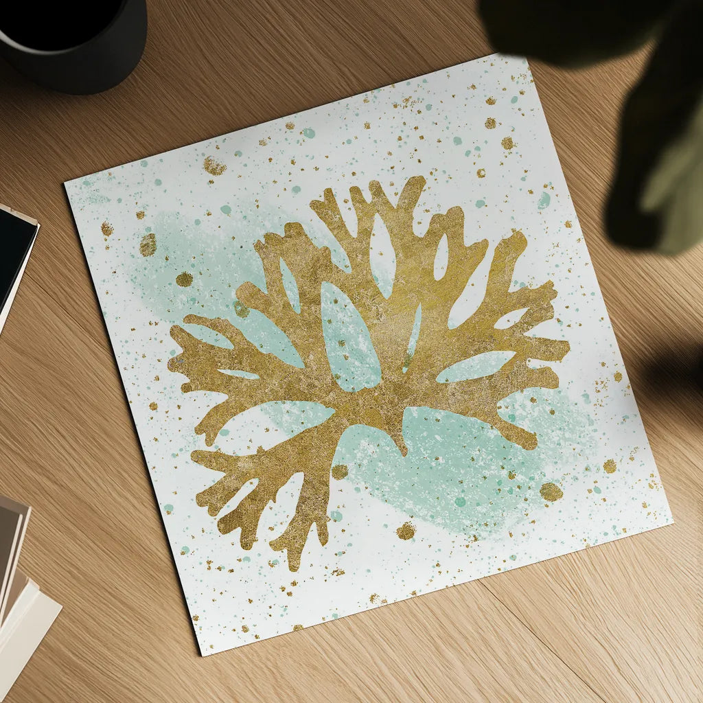 Silver Sea Life Aqua Coral by Wild Apple Portfolio. Shown as a detailed flat fine art print, highlighting archival giclee quality. Available as an archival giclee rolled canvas, fine art paper, or poster print. SKU 29849a.