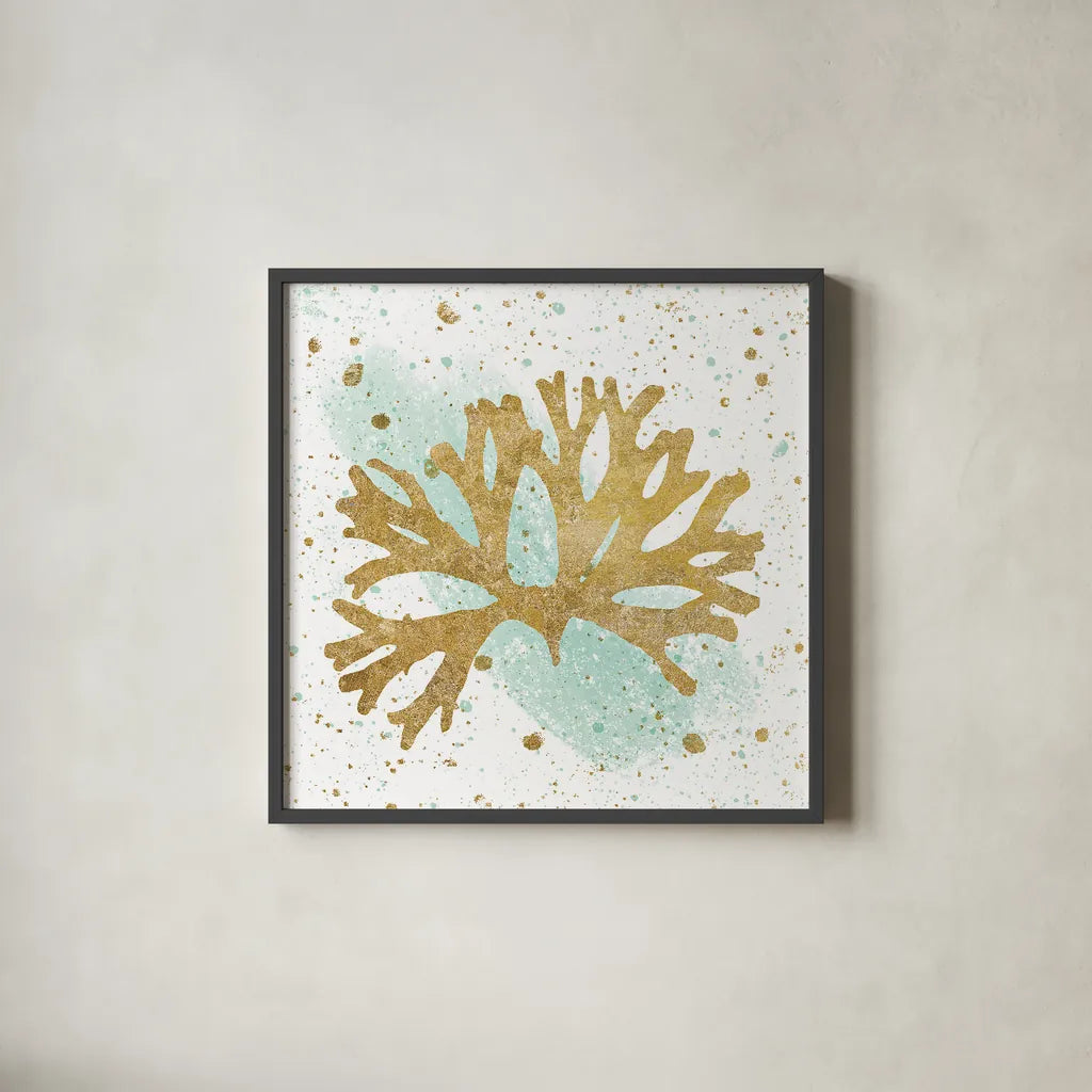 Silver Sea Life Aqua Coral by Wild Apple Portfolio. Shown in a sleek black glass frame for a contemporary gallery look. Available as an archival giclee rolled canvas, fine art paper, or poster print. SKU 29849a.