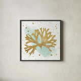 Silver Sea Life Aqua Coral by Wild Apple Portfolio. Shown in a sleek black glass frame for a contemporary gallery look. Available as an archival giclee rolled canvas, fine art paper, or poster print. SKU 29849a.