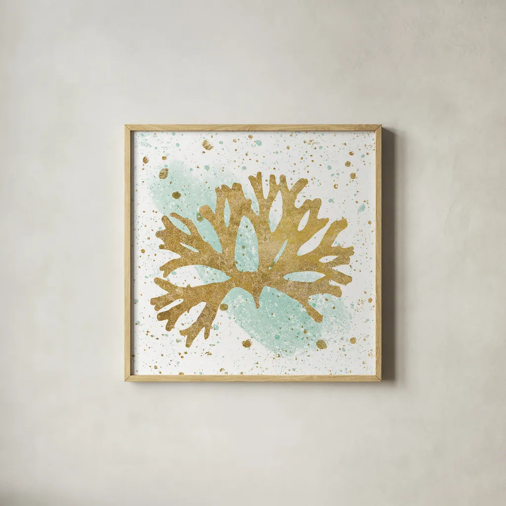 Silver Sea Life Aqua Coral by Wild Apple Portfolio. Shown in a natural wood glass frame for a timeless modern aesthetic. Available as an archival giclee rolled canvas, fine art paper, or poster print. SKU 29849a.