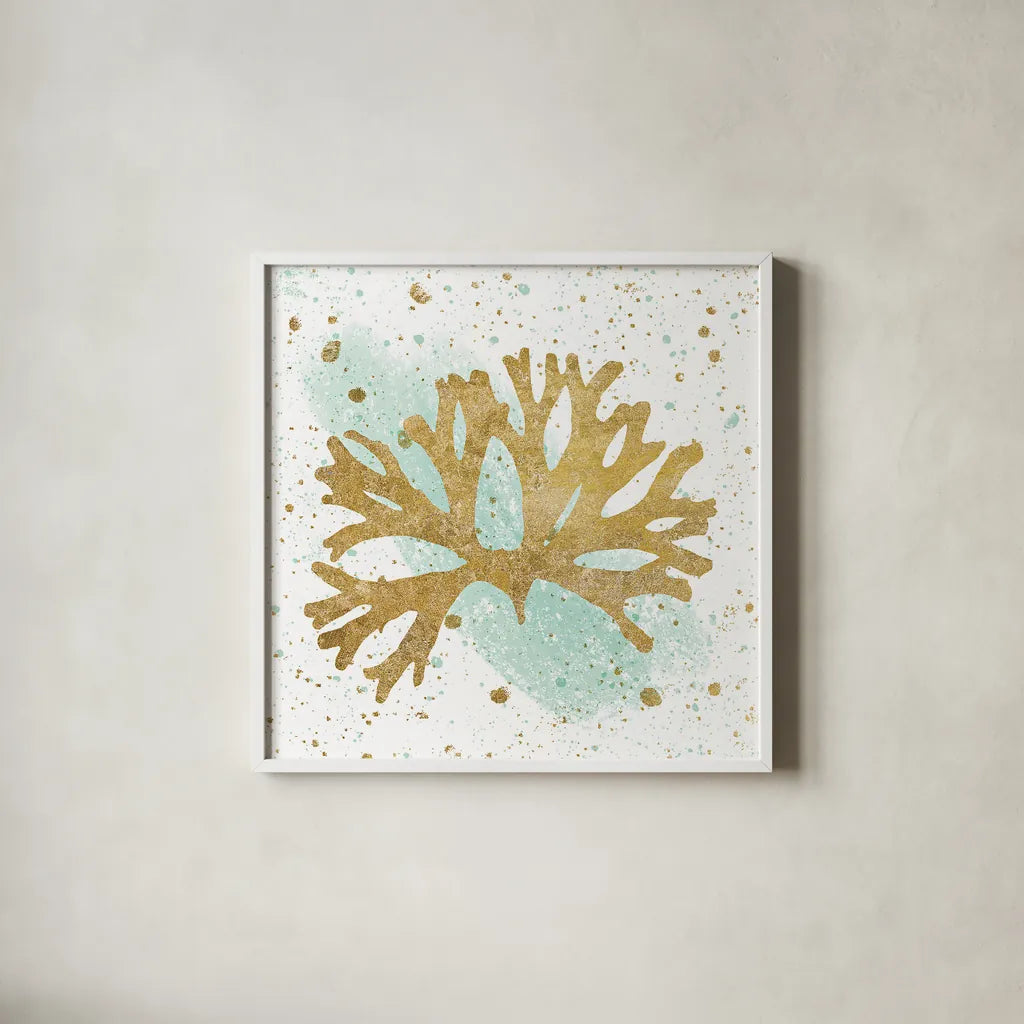 Silver Sea Life Aqua Coral by Wild Apple Portfolio. Shown in a crisp white glass frame for a clean and minimalist style. Available as an archival giclee rolled canvas, fine art paper, or poster print. SKU 29849a.