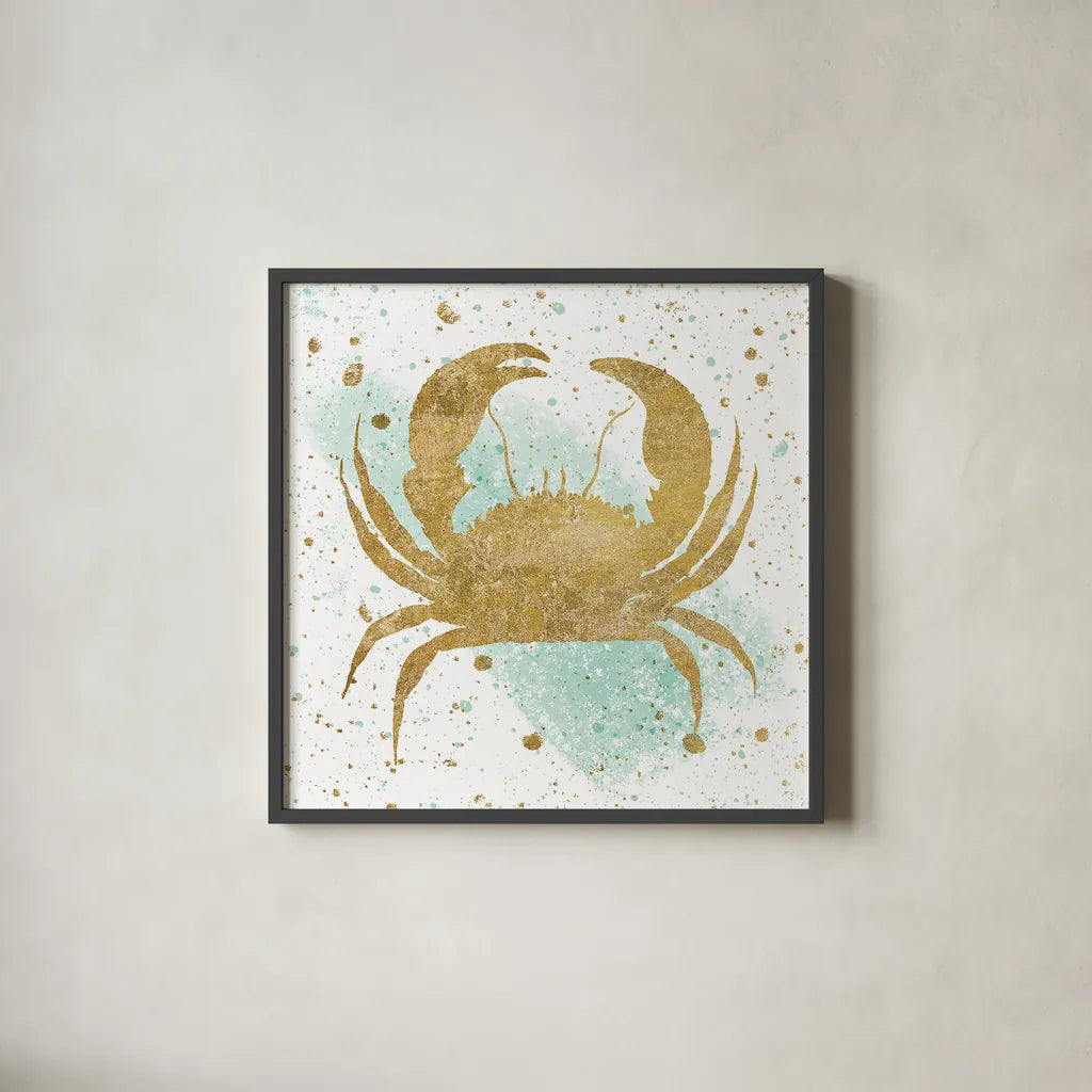 Silver Sea Life Aqua Crab by Wild Apple Portfolio. Shown in a sleek black glass frame for a contemporary gallery look. Available as an archival giclee rolled canvas, fine art paper, or poster print. SKU 29847a.