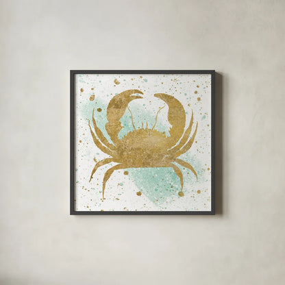 Silver Sea Life Aqua Crab by Wild Apple Portfolio. Shown in a sleek black glass frame for a contemporary gallery look. Available as an archival giclee rolled canvas, fine art paper, or poster print. SKU 29847a.
