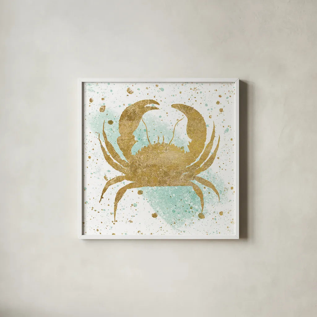 Silver Sea Life Aqua Crab by Wild Apple Portfolio. Shown in a crisp white glass frame for a clean and minimalist style. Available as an archival giclee rolled canvas, fine art paper, or poster print. SKU 29847a.