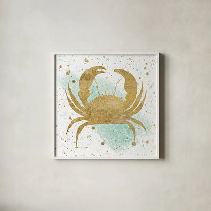 Silver Sea Life Aqua Crab by Wild Apple Portfolio. Shown in a crisp white glass frame for a clean and minimalist style. Available as an archival giclee rolled canvas, fine art paper, or poster print. SKU 29847a.
