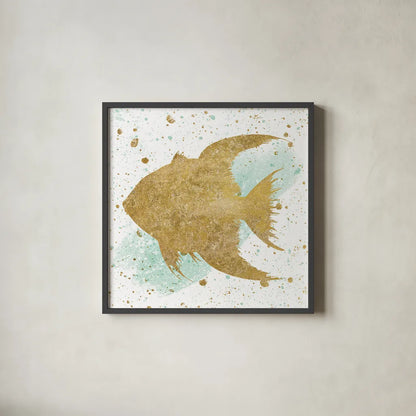 Silver Sea Life Aqua Fish by Wild Apple Portfolio. Shown in a sleek black glass frame for a contemporary gallery look. Available as an archival giclee rolled canvas, fine art paper, or poster print. SKU 29848a.