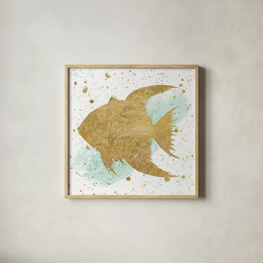 Silver Sea Life Aqua Fish by Wild Apple Portfolio. Shown in a natural wood glass frame for a timeless modern aesthetic. Available as an archival giclee rolled canvas, fine art paper, or poster print. SKU 29848a.