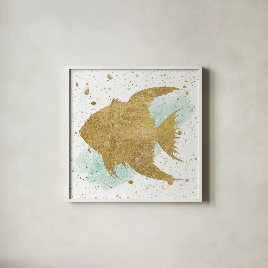 Silver Sea Life Aqua Fish by Wild Apple Portfolio. Shown in a crisp white glass frame for a clean and minimalist style. Available as an archival giclee rolled canvas, fine art paper, or poster print. SKU 29848a.