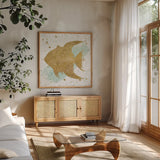 Silver Sea Life Aqua Fish by Wild Apple Portfolio. Shown in a natural wood frame in a cozy modern living room. Available as an archival giclee rolled canvas, fine art paper, or poster print. SKU 29848a.