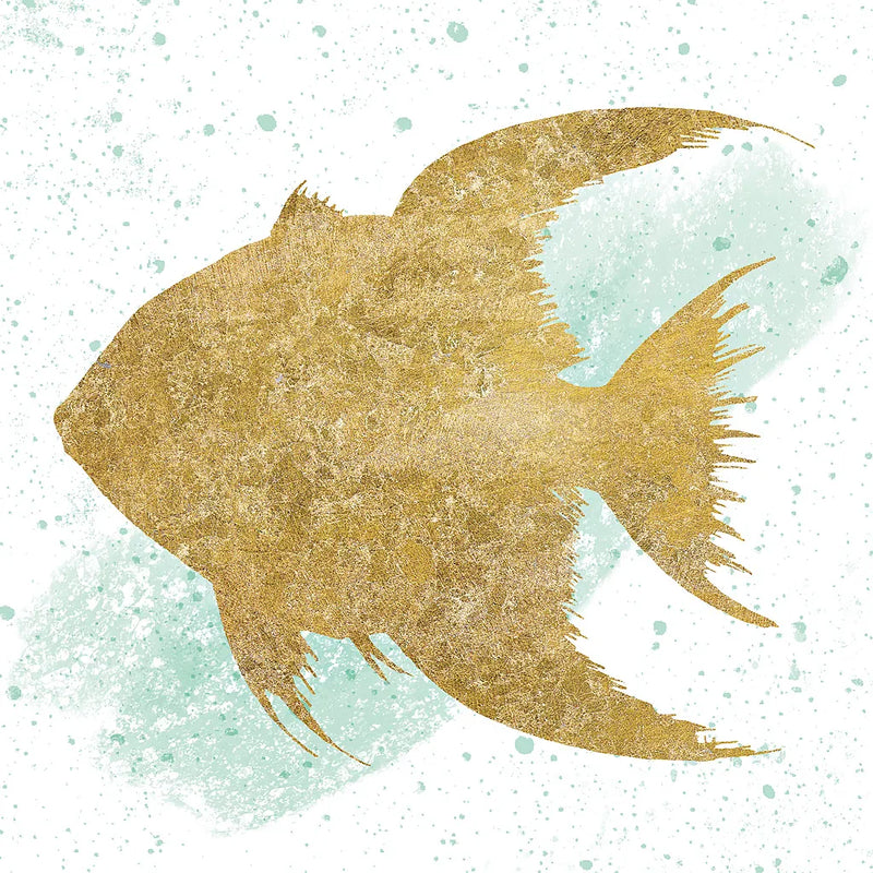 Silver Sea Life Aqua Fish no Gold Splatter by Wild Apple Portfolio. SKU 33665a. Archival Giclee Fine art print for wall decor.