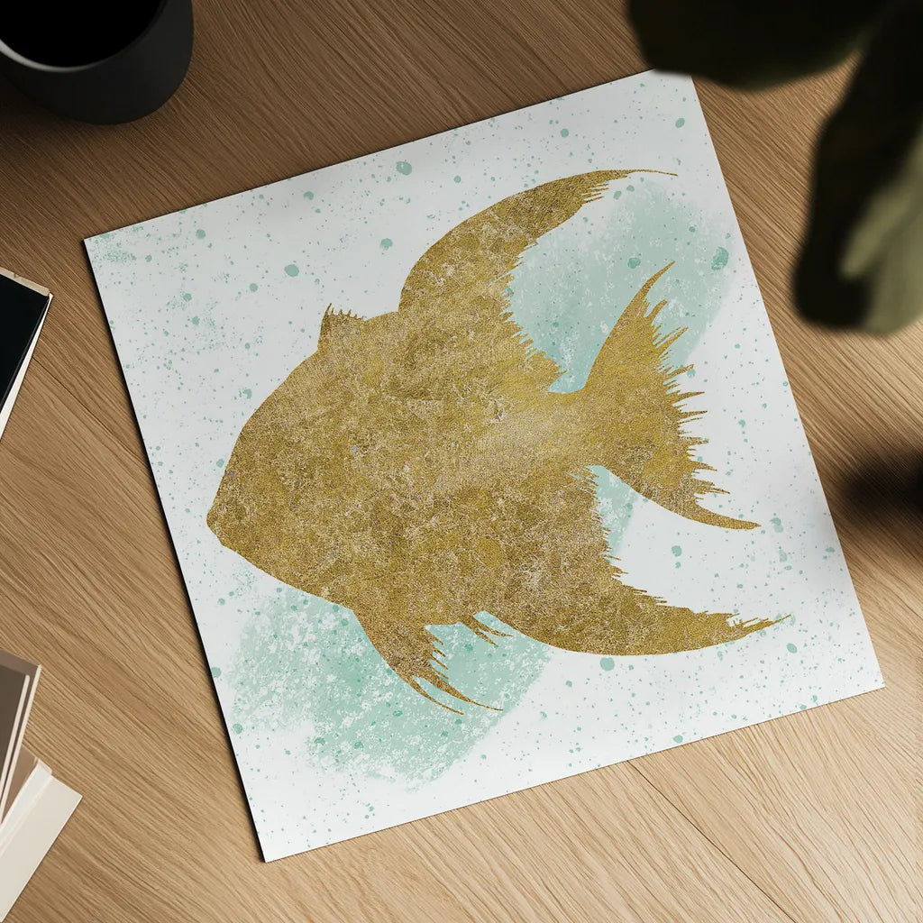 Silver Sea Life Aqua Fish no Gold Splatter by Wild Apple Portfolio. Shown as a detailed flat fine art print, highlighting archival giclee quality. Available as an archival giclee rolled canvas, fine art paper, or poster print. SKU 33665a.