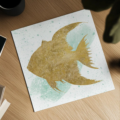 Silver Sea Life Aqua Fish no Gold Splatter by Wild Apple Portfolio. Shown as a detailed flat fine art print, highlighting archival giclee quality. Available as an archival giclee rolled canvas, fine art paper, or poster print. SKU 33665a.