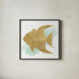 Silver Sea Life Aqua Fish no Gold Splatter by Wild Apple Portfolio. Shown in a sleek black glass frame for a contemporary gallery look. Available as an archival giclee rolled canvas, fine art paper, or poster print. SKU 33665a.