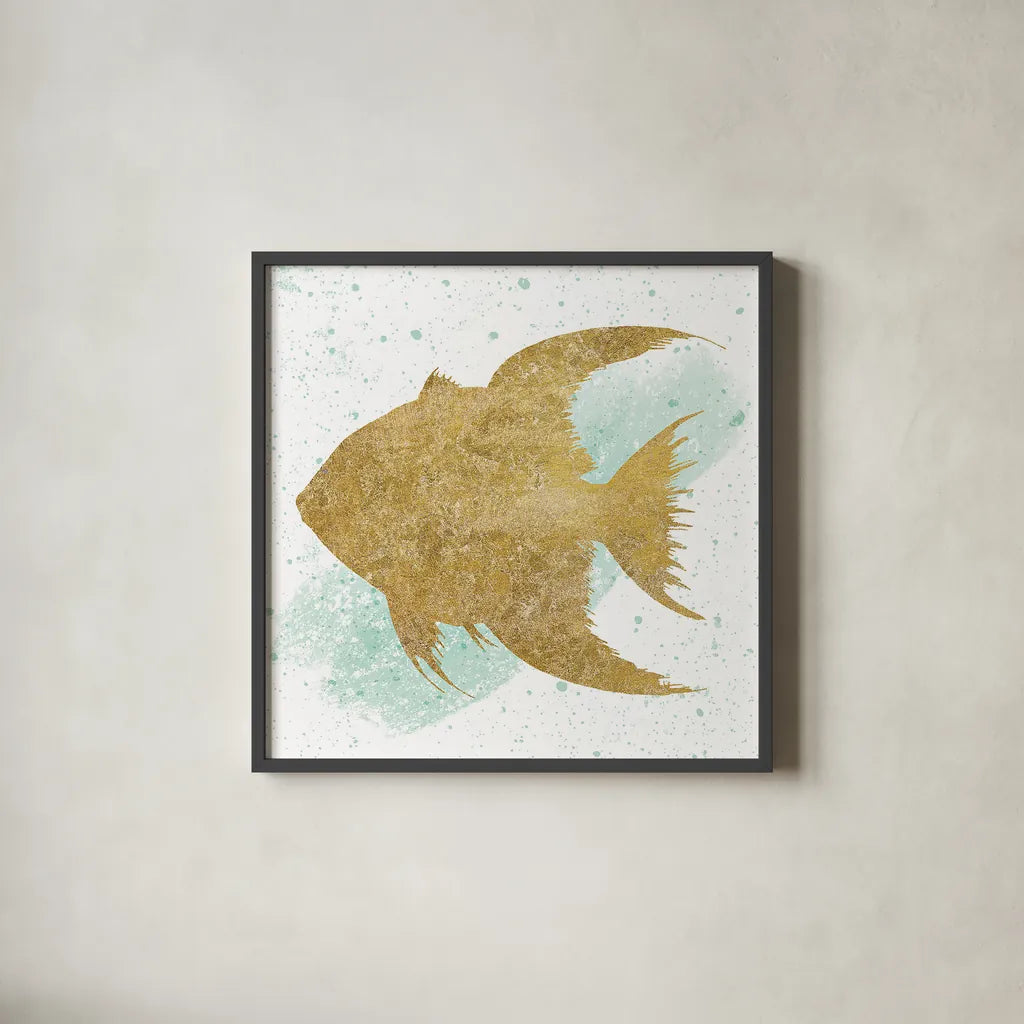 Silver Sea Life Aqua Fish no Gold Splatter by Wild Apple Portfolio. Shown in a sleek black glass frame for a contemporary gallery look. Available as an archival giclee rolled canvas, fine art paper, or poster print. SKU 33665a.