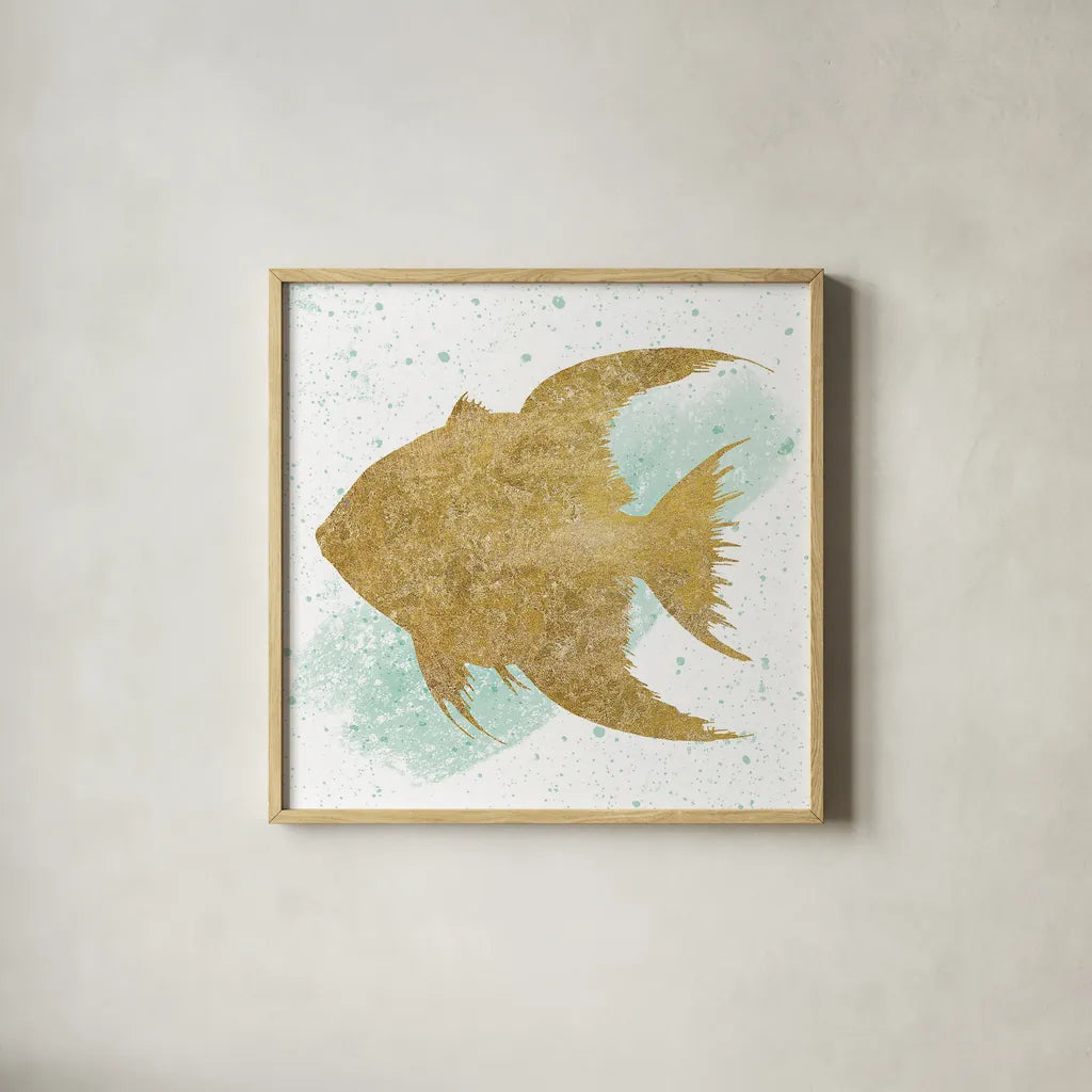 Silver Sea Life Aqua Fish no Gold Splatter by Wild Apple Portfolio. Shown in a natural wood glass frame for a timeless modern aesthetic. Available as an archival giclee rolled canvas, fine art paper, or poster print. SKU 33665a.