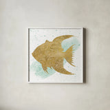 Silver Sea Life Aqua Fish no Gold Splatter by Wild Apple Portfolio. Shown in a crisp white glass frame for a clean and minimalist style. Available as an archival giclee rolled canvas, fine art paper, or poster print. SKU 33665a.
