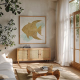 Silver Sea Life Aqua Fish no Gold Splatter by Wild Apple Portfolio. Shown in a natural wood frame in a cozy modern living room. Available as an archival giclee rolled canvas, fine art paper, or poster print. SKU 33665a.