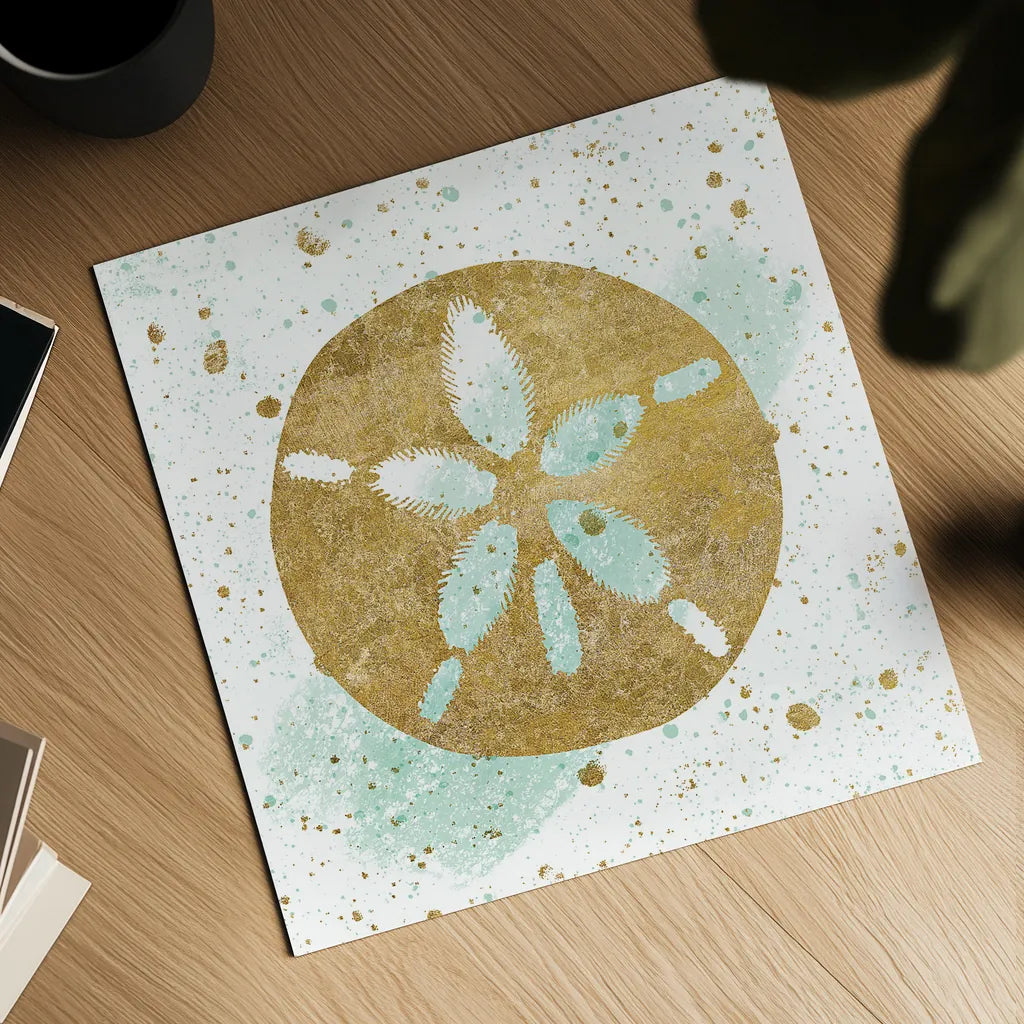 Silver Sea Life Aqua Sanddollar by Wild Apple Portfolio. Shown as a detailed flat fine art print, highlighting archival giclee quality. Available as an archival giclee rolled canvas, fine art paper, or poster print. SKU 29850a.