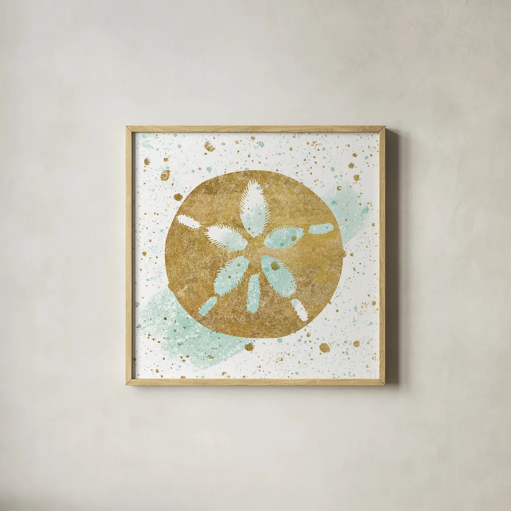 Silver Sea Life Aqua Sanddollar by Wild Apple Portfolio. Shown in a natural wood glass frame for a timeless modern aesthetic. Available as an archival giclee rolled canvas, fine art paper, or poster print. SKU 29850a.