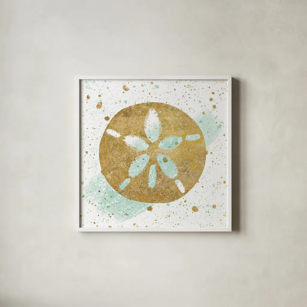 Silver Sea Life Aqua Sanddollar by Wild Apple Portfolio. Shown in a crisp white glass frame for a clean and minimalist style. Available as an archival giclee rolled canvas, fine art paper, or poster print. SKU 29850a.