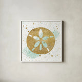 Silver Sea Life Aqua Sanddollar by Wild Apple Portfolio. Shown in a crisp white glass frame for a clean and minimalist style. Available as an archival giclee rolled canvas, fine art paper, or poster print. SKU 29850a.