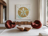 Silver Sea Life Aqua Sanddollar by Wild Apple Portfolio. Shown as extra-large giant wall art in a modern living room. Available as an archival giclee rolled canvas, fine art paper, or poster print. SKU 29850a.