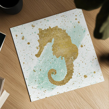 Silver Sea Life Aqua Seahorse by Wild Apple Portfolio. Shown as a detailed flat fine art print, highlighting archival giclee quality. Available as an archival giclee rolled canvas, fine art paper, or poster print. SKU 29851a.