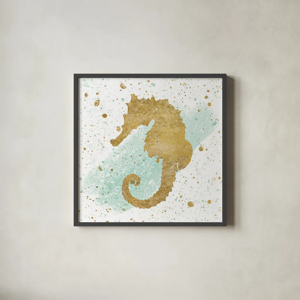 Silver Sea Life Aqua Seahorse by Wild Apple Portfolio. Shown in a sleek black glass frame for a contemporary gallery look. Available as an archival giclee rolled canvas, fine art paper, or poster print. SKU 29851a.